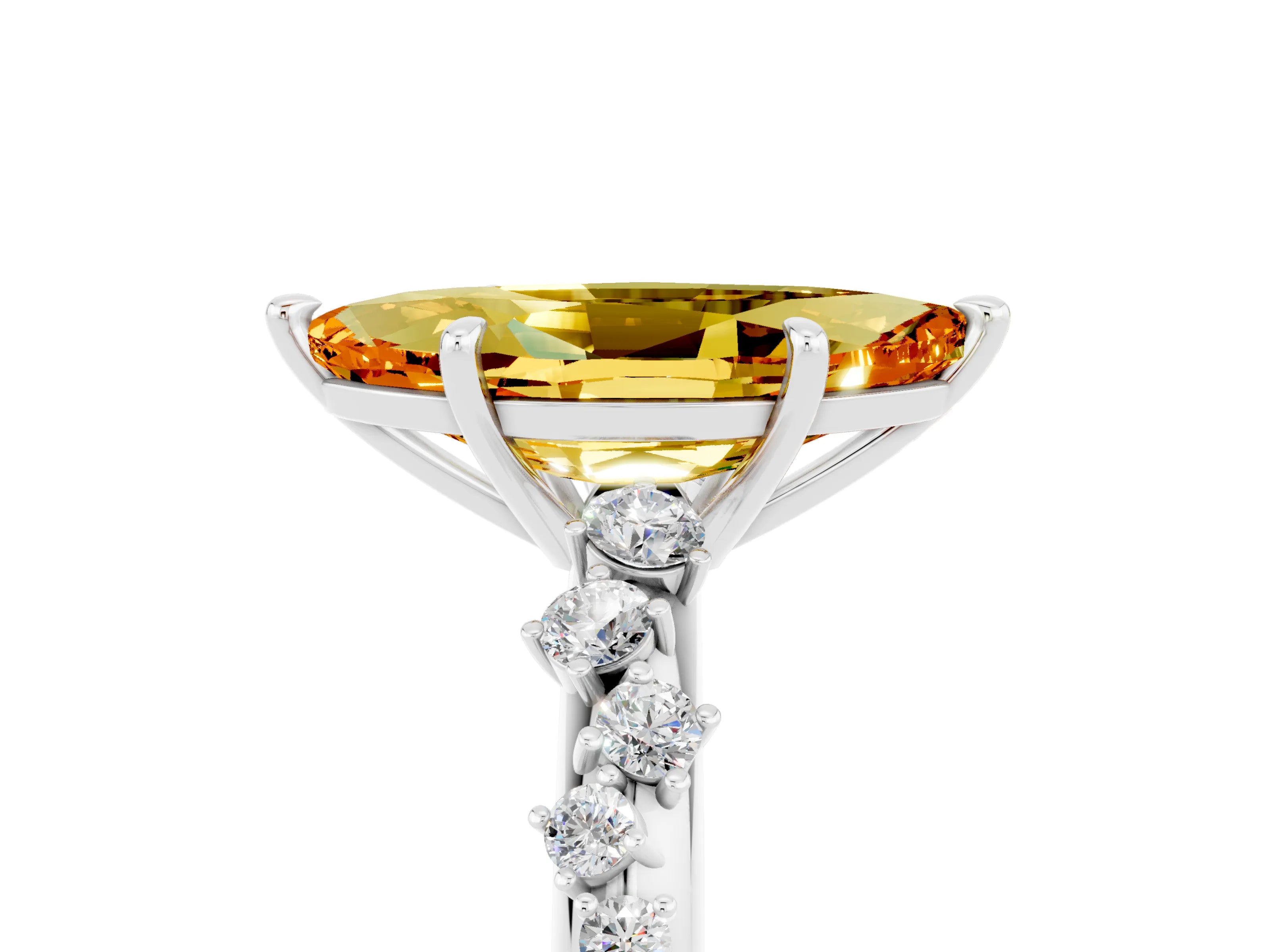 White gold Marquise Cut Citrine Cluster Side Stone Solitaire Ring with Prong Setting_29