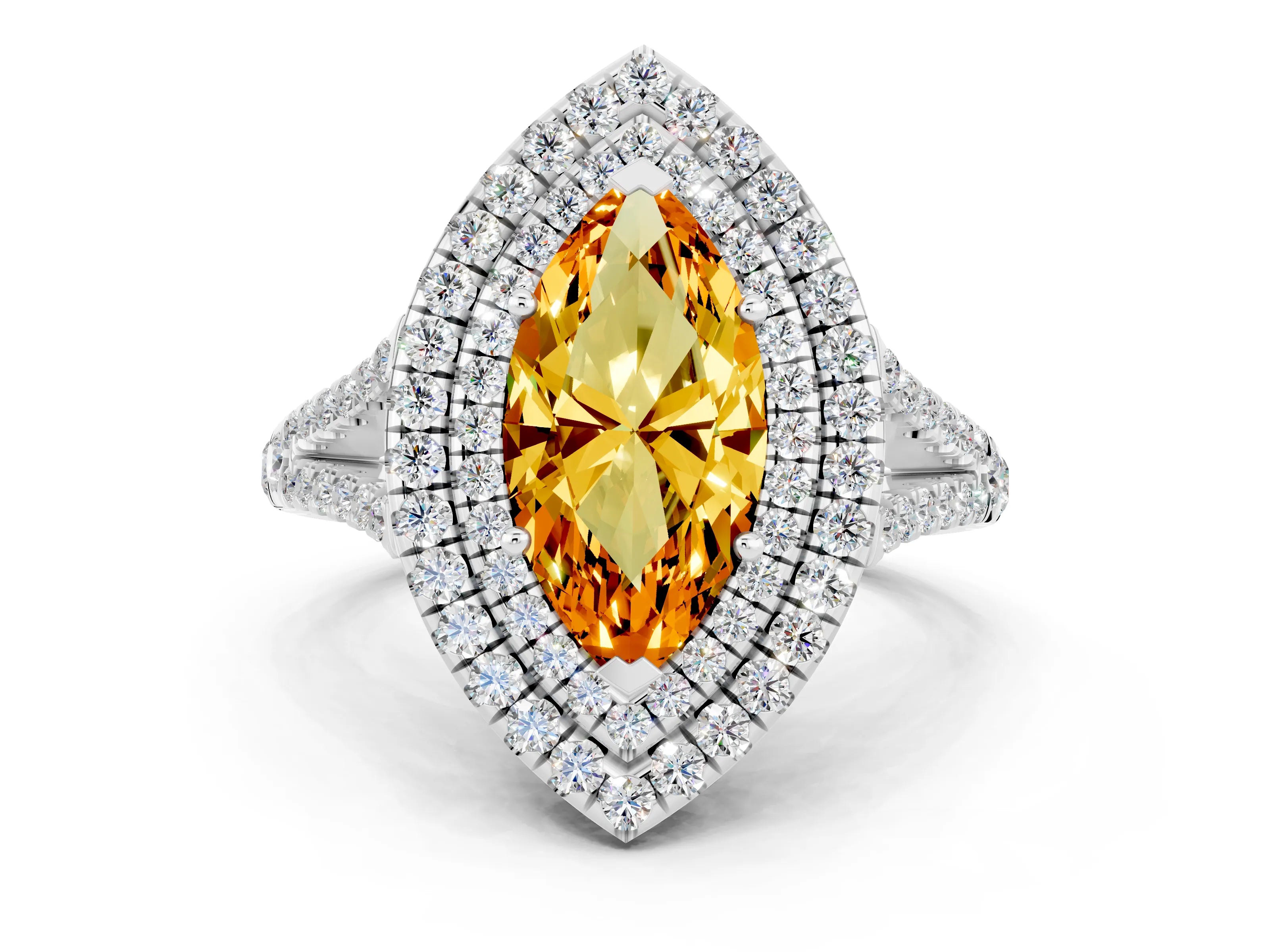 White gold Marquise Cut Citrine Double Halo Ring with Pavé Band and Prong Setting_12
