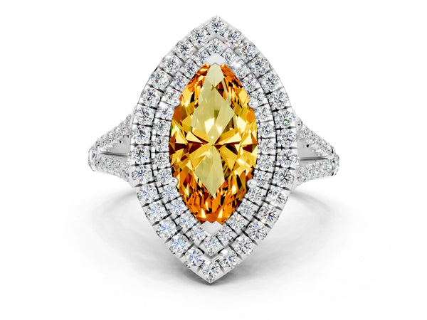 White gold Marquise Cut Citrine Double Halo Ring with Pavé Band and Prong Setting