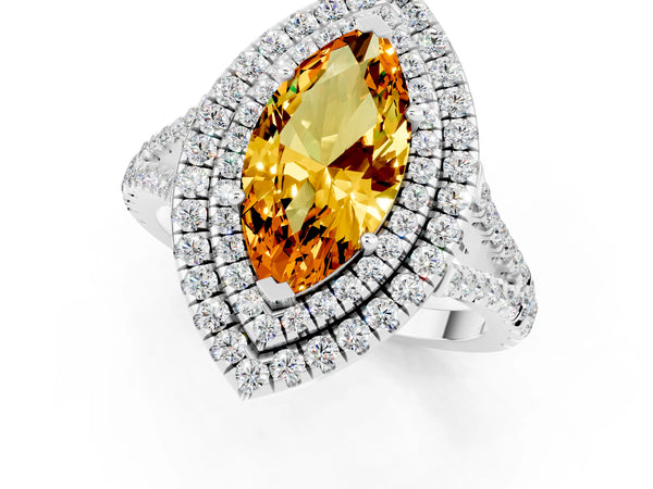 Silver Marquise Cut Citrine Double Halo Ring with Pavé Band and Prong Setting