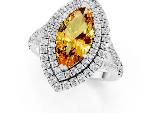 White gold Marquise Cut Citrine Double Halo Ring with Pavé Band and Prong Setting_13
