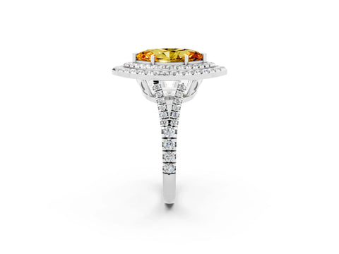 White gold Marquise Cut Citrine Double Halo Ring with Pavé Band and Prong Setting_14