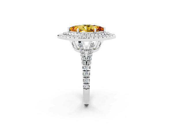 Silver Marquise Cut Citrine Double Halo Ring with Pavé Band and Prong Setting