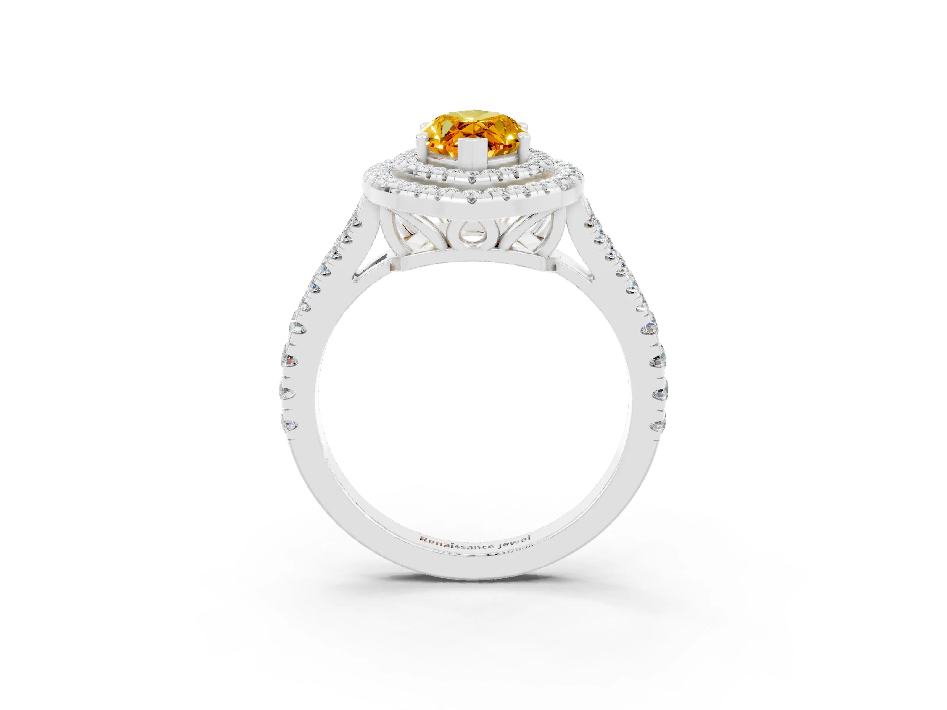 White gold Marquise Cut Citrine Double Halo Ring with Pavé Band and Prong Setting_15