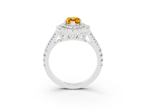 White gold Marquise Cut Citrine Double Halo Ring with Pavé Band and Prong Setting_15