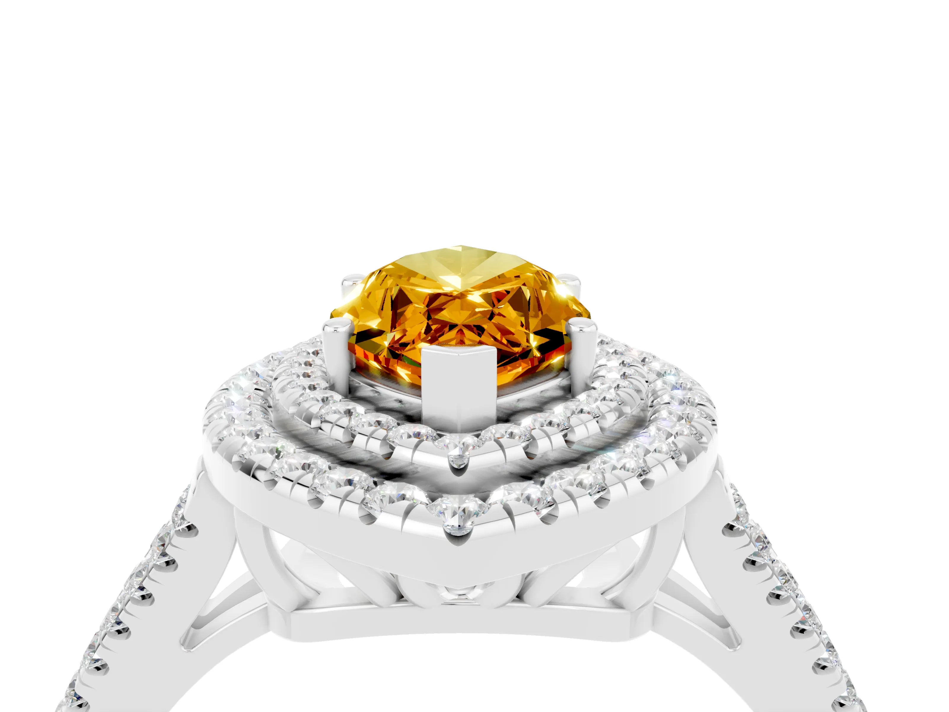 White gold Marquise Cut Citrine Double Halo Ring with Pavé Band and Prong Setting_16