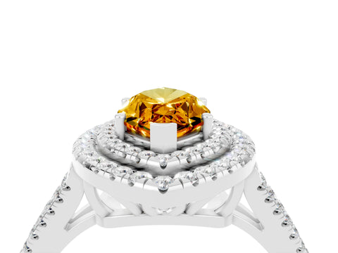 White gold Marquise Cut Citrine Double Halo Ring with Pavé Band and Prong Setting_16