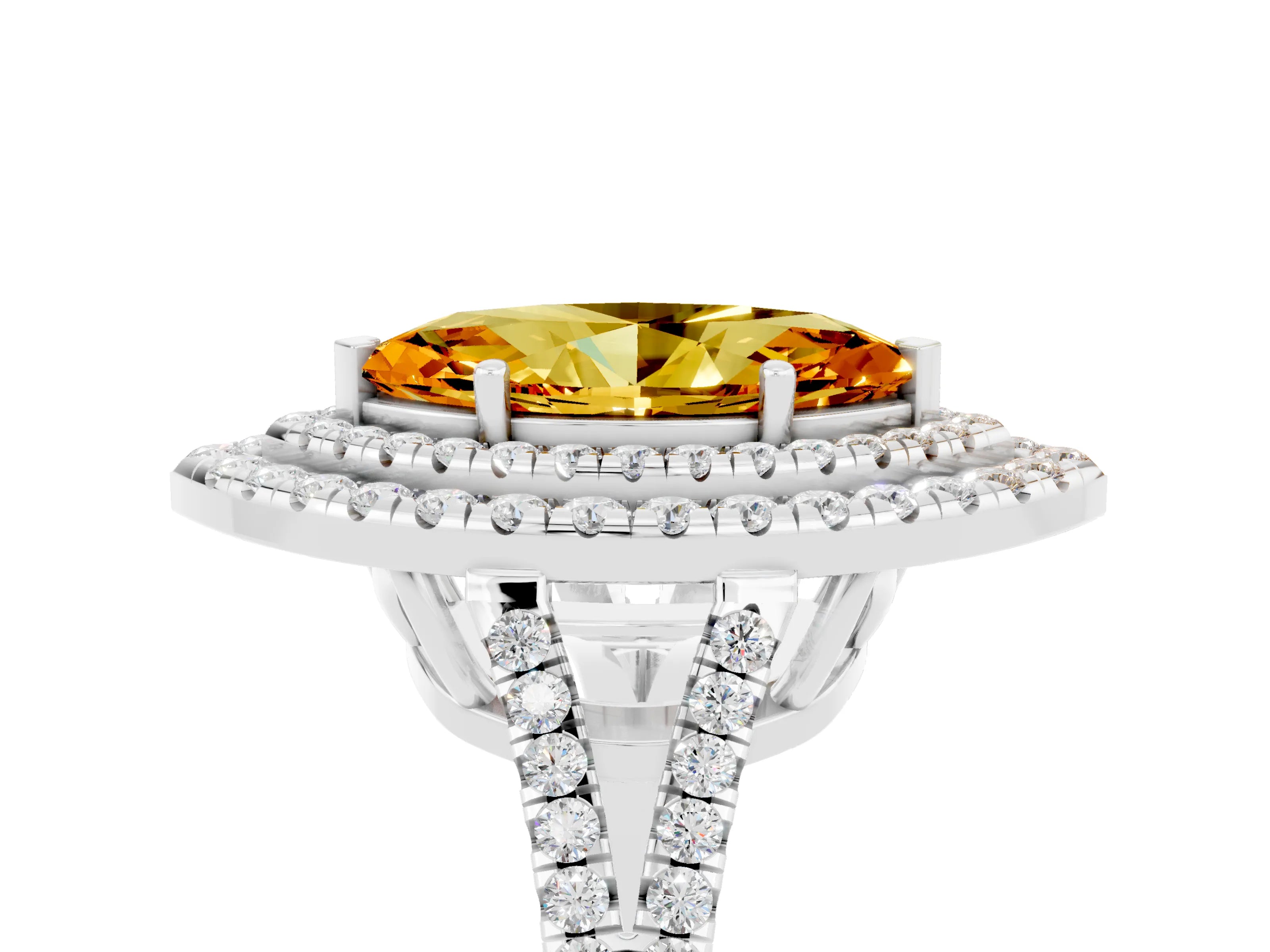 White gold Marquise Cut Citrine Double Halo Ring with Pavé Band and Prong Setting_17