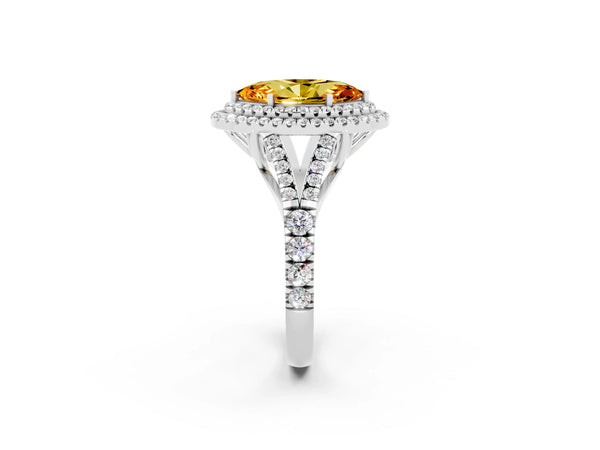 Platinum Marquise Cut Citrine Double Halo Ring with Split Shank and Prong Setting