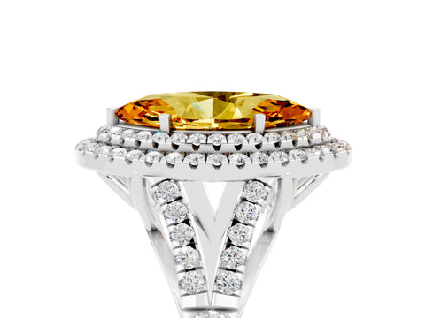 White gold Marquise Cut Citrine Double Halo Ring with Split Shank and Prong Setting_17
