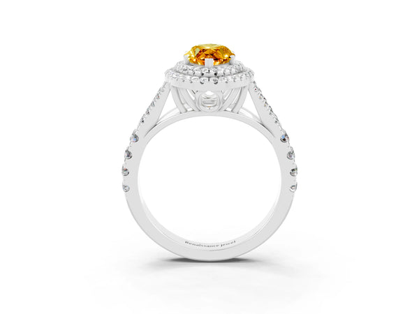 White gold Marquise Cut Citrine Double Halo Ring with Split Shank and Prong Setting