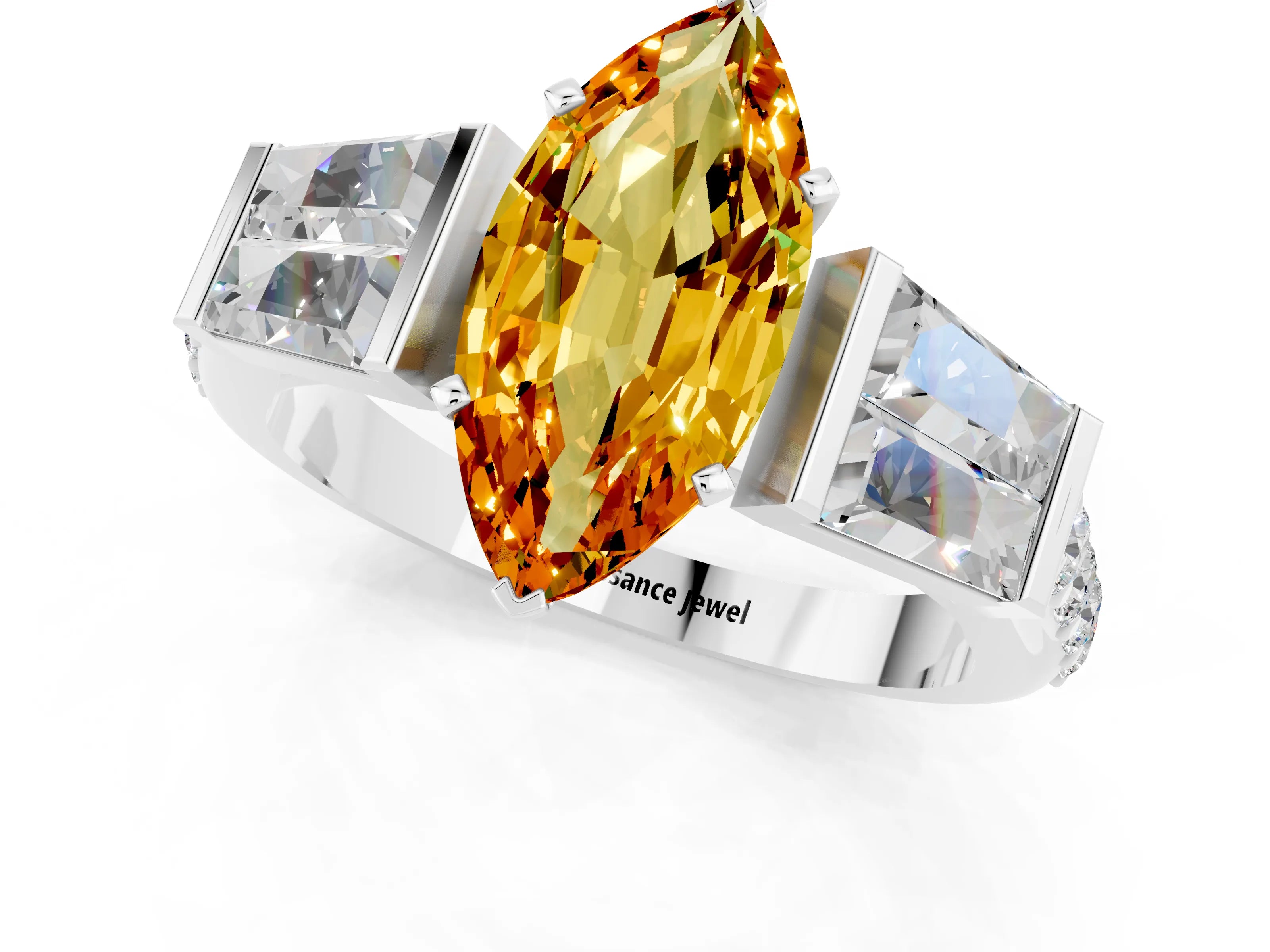 White gold Marquise Cut Citrine Engagement Ring with Baguette Side Stones and Channel Set Band_1