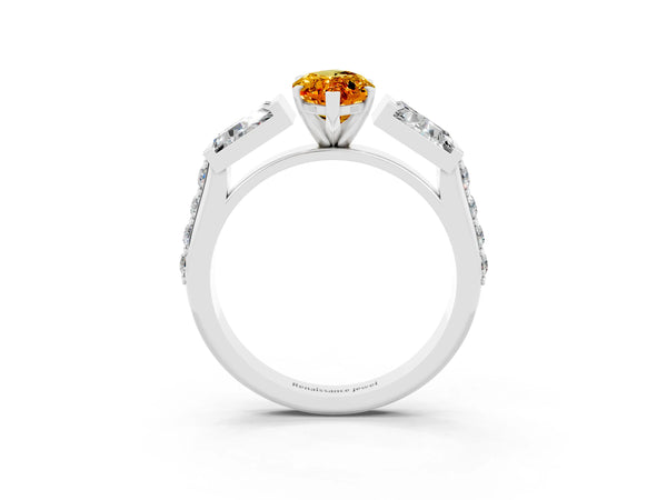 Platinum Marquise Cut Citrine Engagement Ring with Baguette Side Stones and Channel Set Band