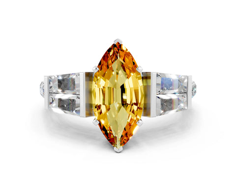 White gold Marquise Cut Citrine Engagement Ring with Baguette Side Stones and Channel Set Band