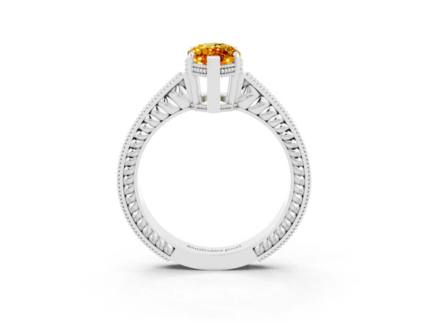 Platinum Marquise Cut Citrine Engagement Ring with Milgrain Channel Set Band and Prong Setting