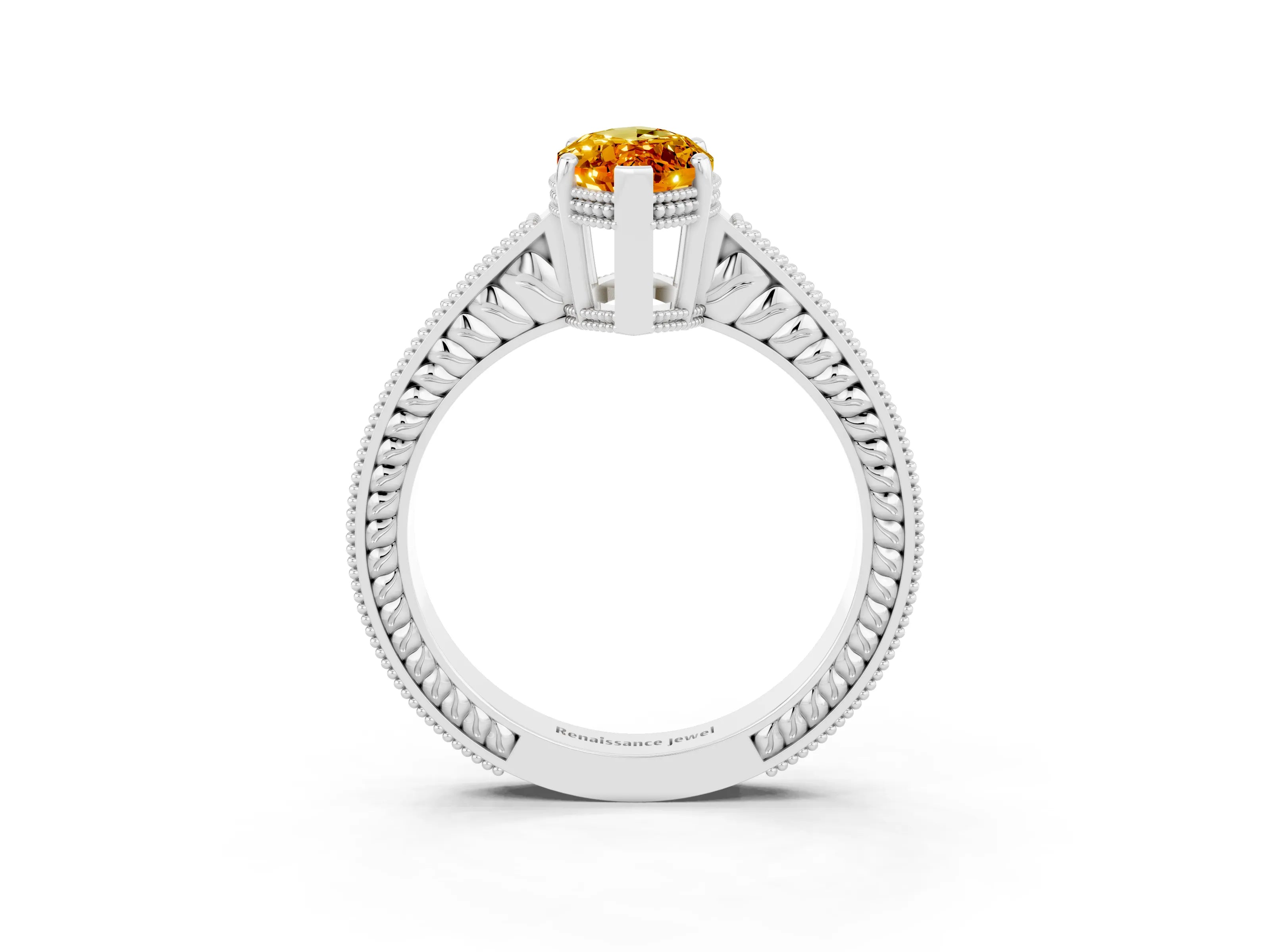 White gold Marquise Cut Citrine Engagement Ring with Milgrain Channel Set Band and Prong Setting_3