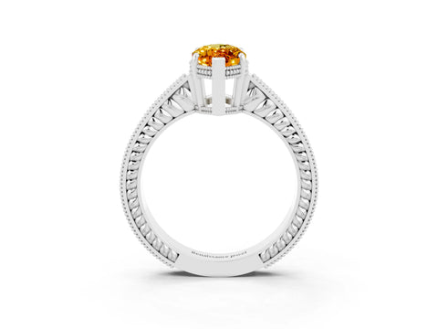 White gold Marquise Cut Citrine Engagement Ring with Milgrain Channel Set Band and Prong Setting_3