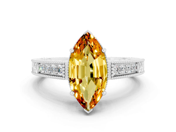 White gold Marquise Cut Citrine Engagement Ring with Milgrain Channel Set Band and Prong Setting