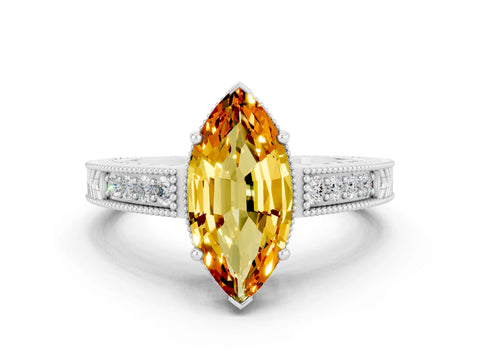 White gold Marquise Cut Citrine Engagement Ring with Milgrain Channel Set Band and Prong Setting