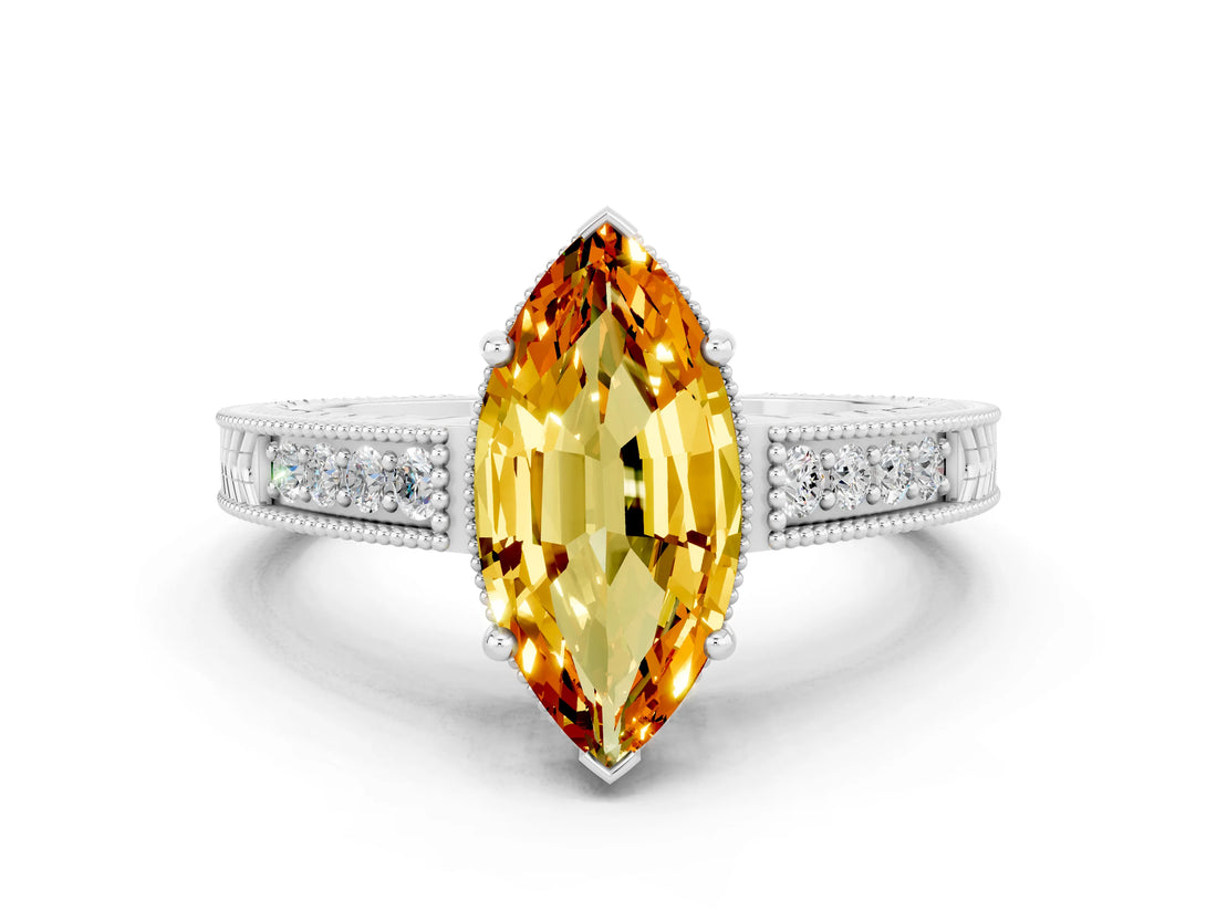 White gold Marquise Cut Citrine Engagement Ring with Milgrain Channel Set Band and Prong Setting