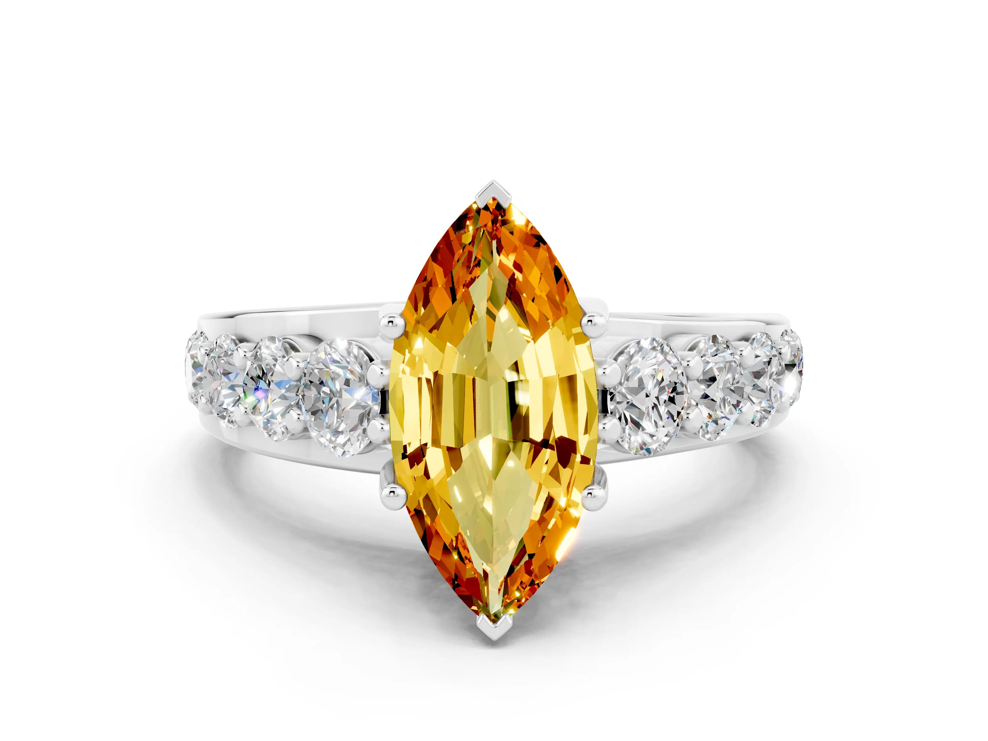 White gold Marquise Cut Citrine Engagement Ring with Pavé Band and Four-Prong Setting