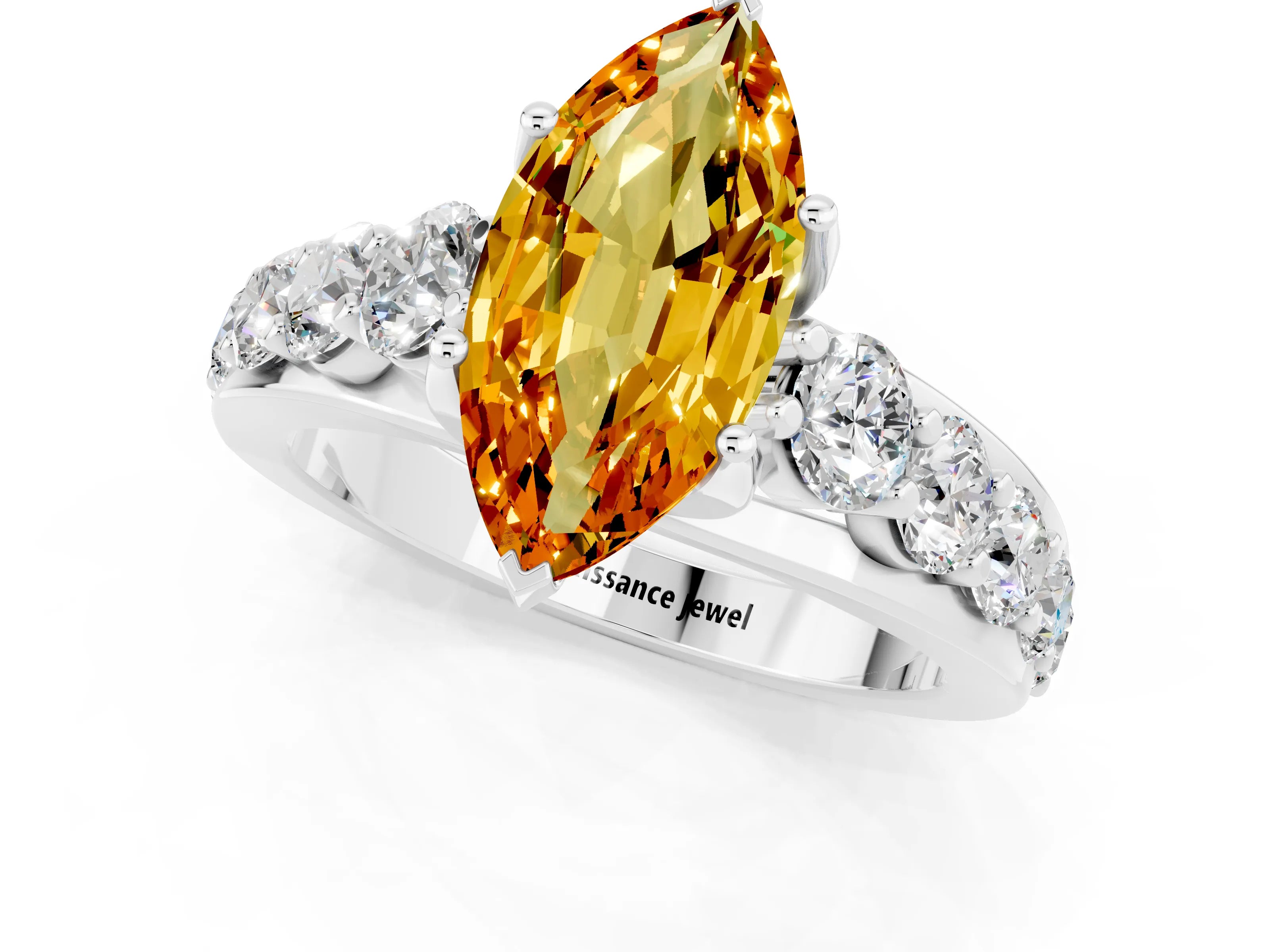 White gold Marquise Cut Citrine Engagement Ring with Pavé Band and Four-Prong Setting_1