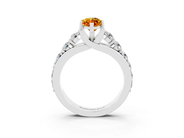 Platinum Marquise Cut Citrine Engagement Ring with Pavé Band and Four-Prong Setting