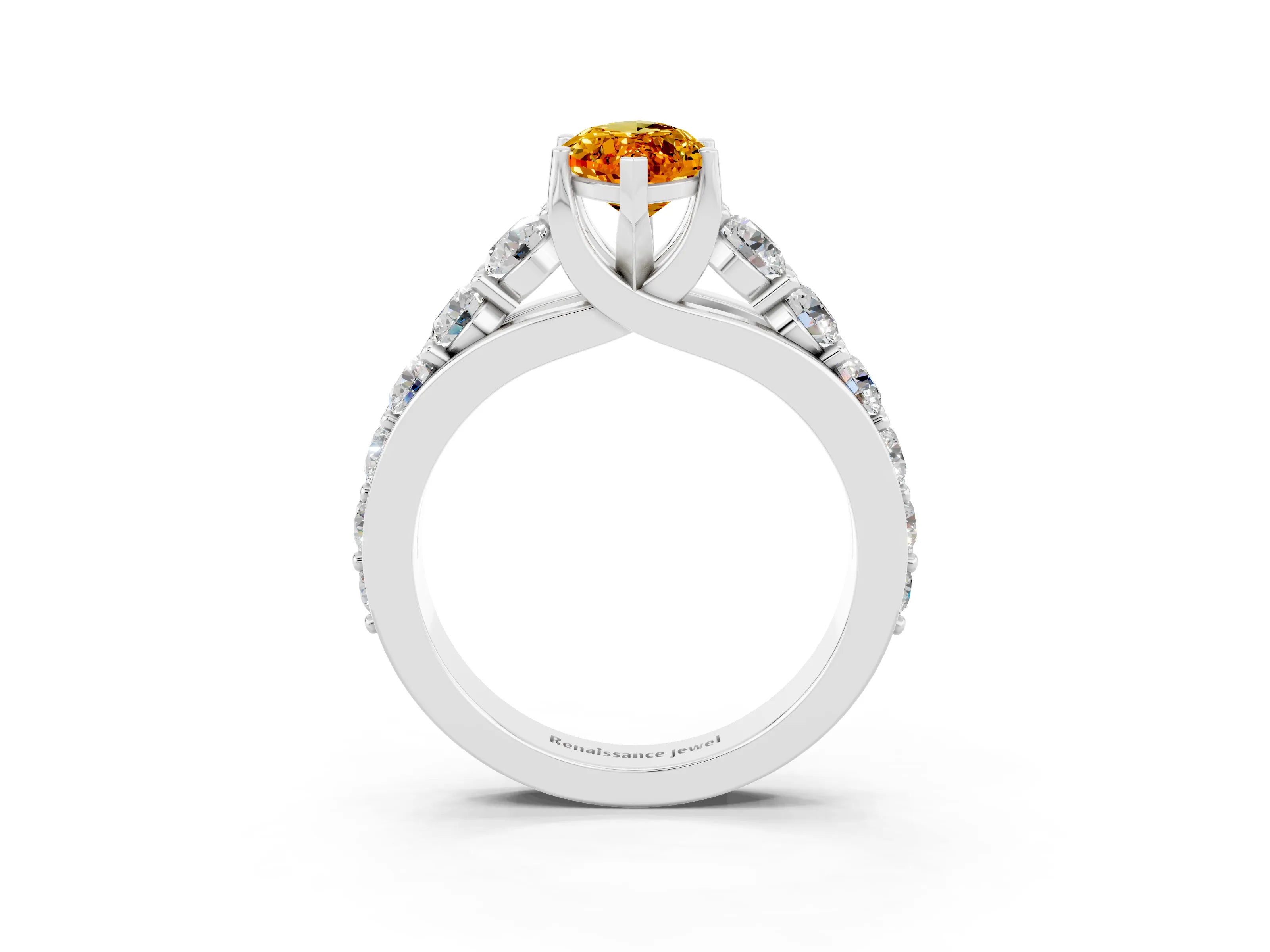 White gold Marquise Cut Citrine Engagement Ring with Pavé Band and Four-Prong Setting_3