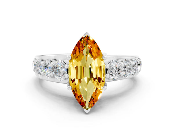Silver Marquise Cut Citrine Engagement Ring with Pavé Band and Four-Prong Setting