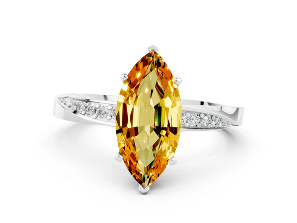 White gold Marquise Cut Citrine Engagement Ring with Side Stone Accents and Four-Prong Setting