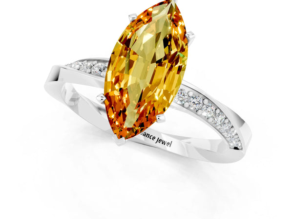 White gold Marquise Cut Citrine Engagement Ring with Side Stone Accents and Four-Prong Setting