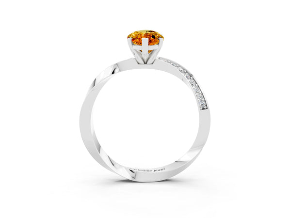White gold Marquise Cut Citrine Engagement Ring with Side Stone Accents and Four-Prong Setting