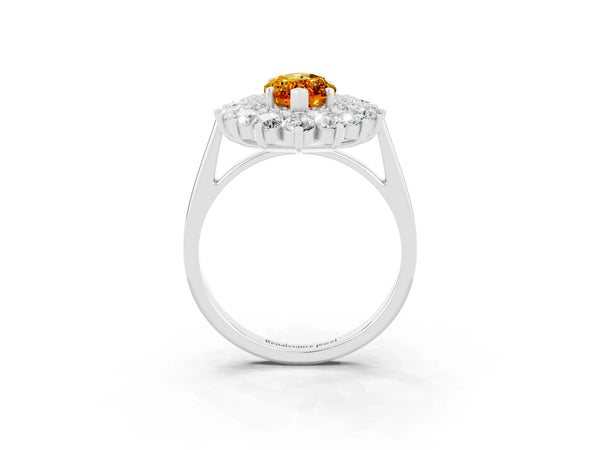 White gold Marquise Cut Citrine Floral Double Halo Engagement Ring with Prong Setting