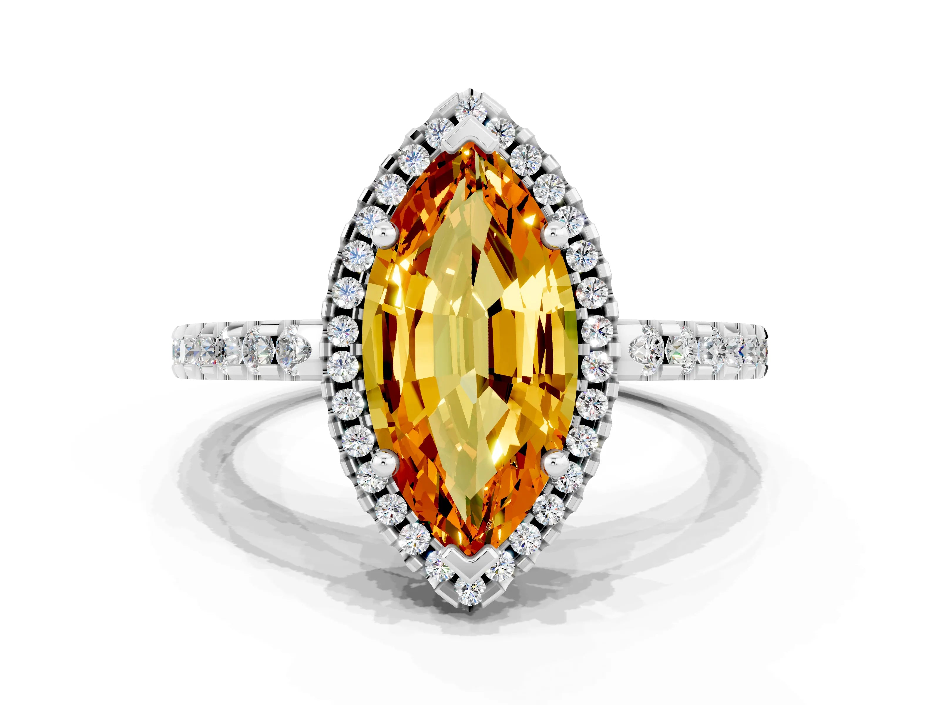 White gold Marquise Cut Citrine Halo Engagement Ring with Pavé Band and Prong Setting_30
