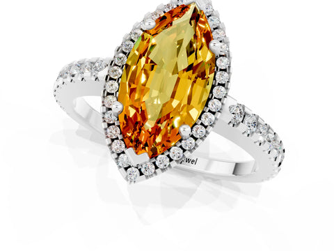 White gold Marquise Cut Citrine Halo Engagement Ring with Pavé Band and Prong Setting_31