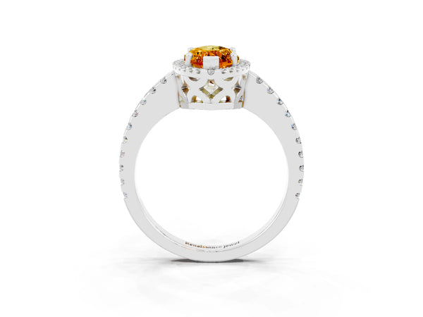 White gold Marquise Cut Citrine Halo Engagement Ring with Pavé Band and Prong Setting