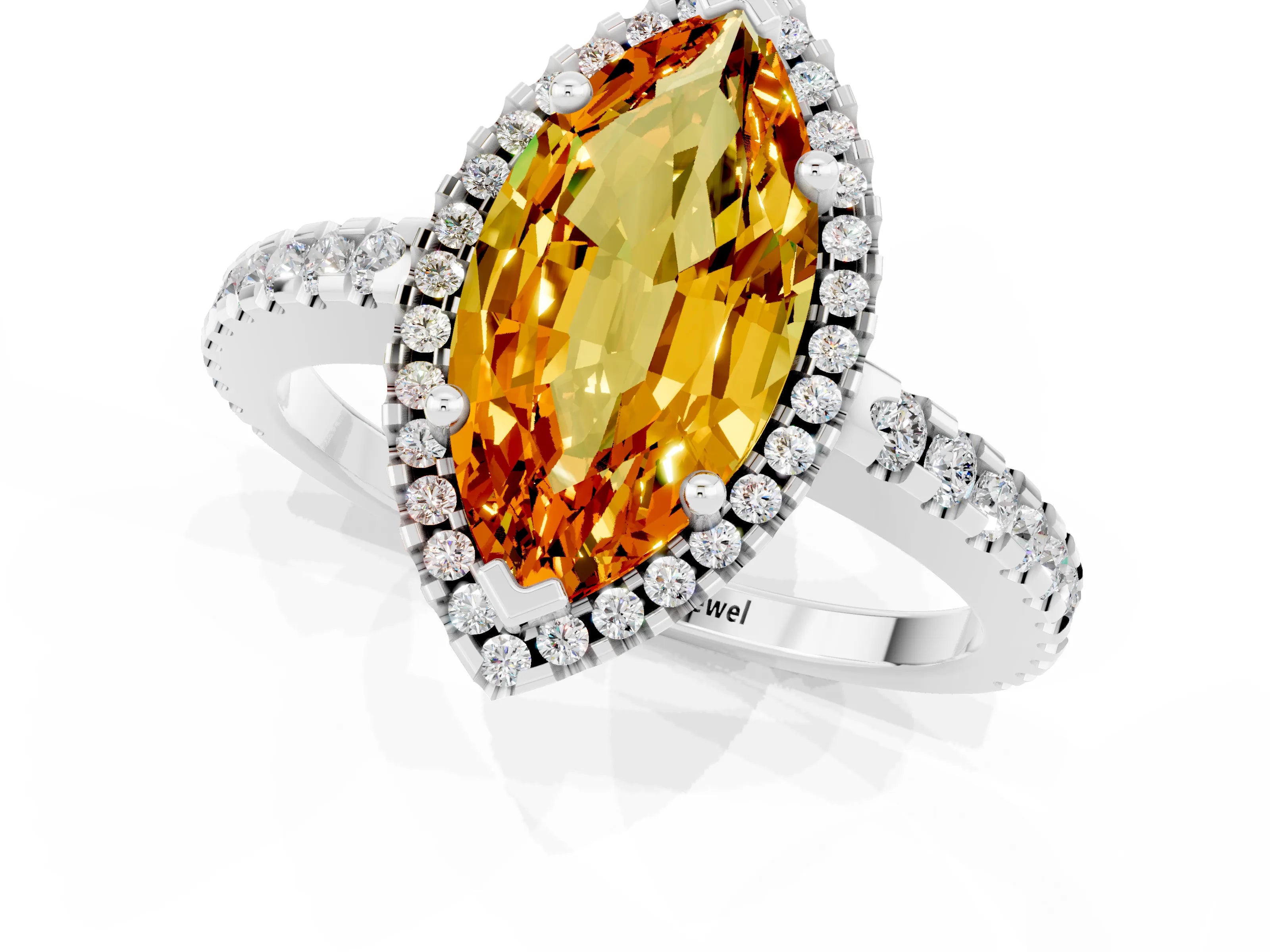 White gold Marquise Cut Citrine Halo Engagement Ring with Pavé Band and Prong Setting_34