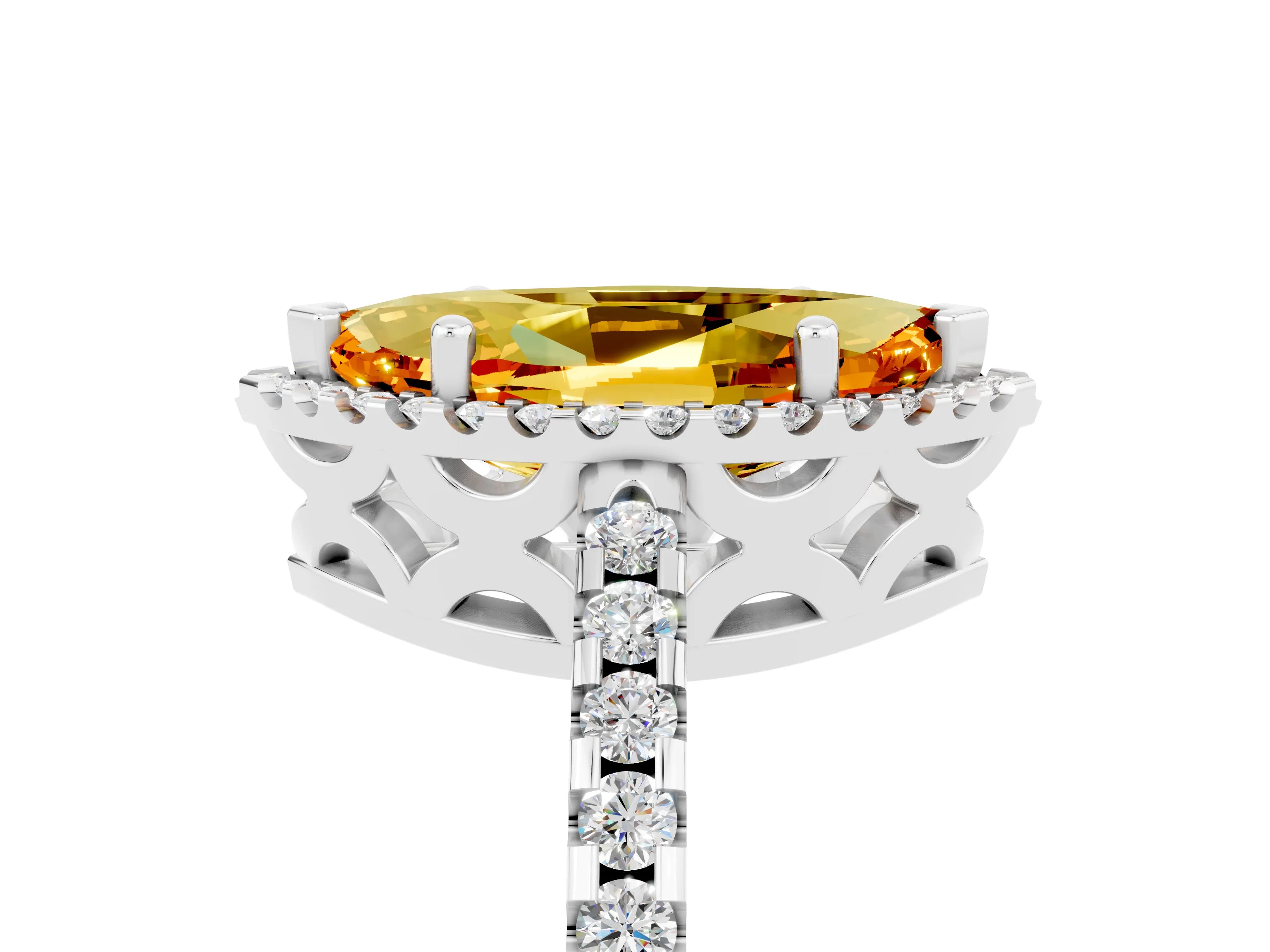 White gold Marquise Cut Citrine Halo Engagement Ring with Pavé Band and Prong Setting_38