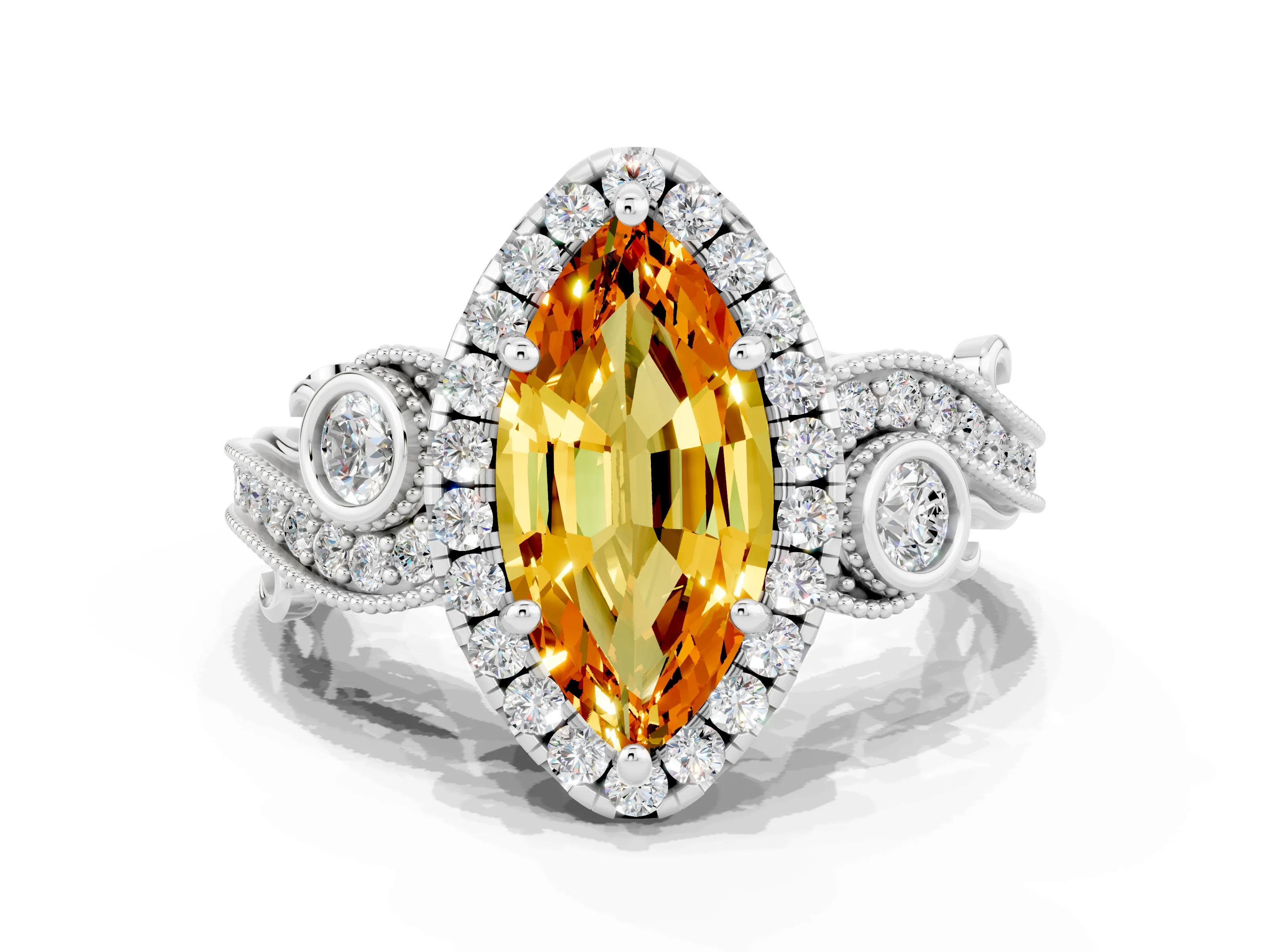 White gold Marquise Cut Citrine Halo Ring with Milgrain Pavé Band and Four-Prong Setting_12