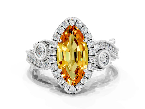 White gold Marquise Cut Citrine Halo Ring with Milgrain Pavé Band and Four-Prong Setting_12