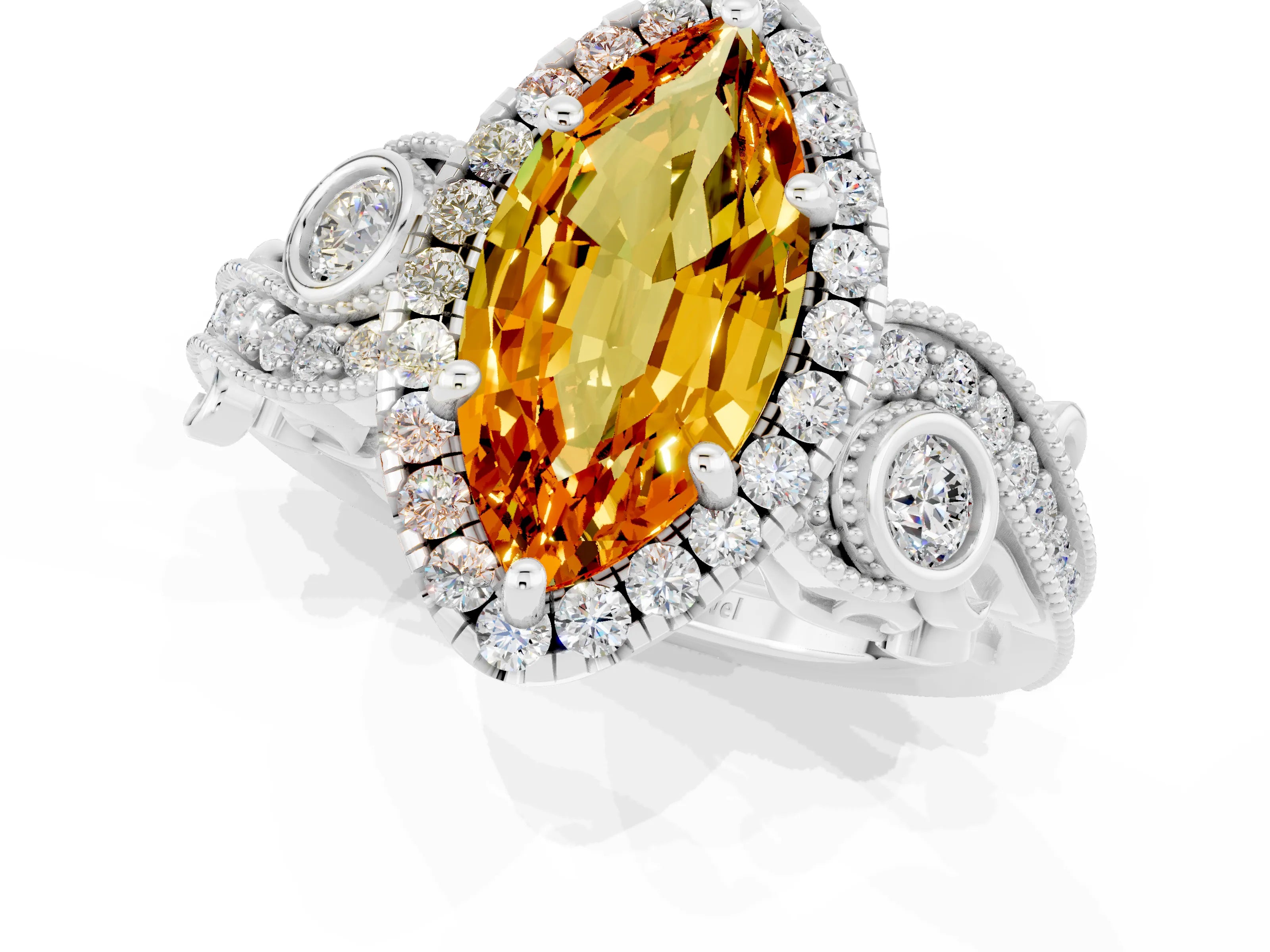 White gold Marquise Cut Citrine Halo Ring with Milgrain Pavé Band and Four-Prong Setting_13
