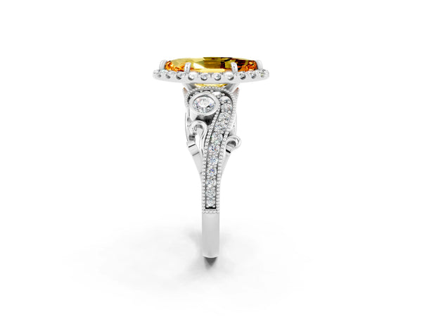 White gold Marquise Cut Citrine Halo Ring with Milgrain Pavé Band and Four-Prong Setting
