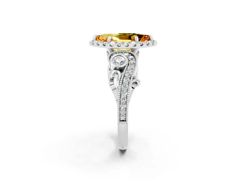 White gold Marquise Cut Citrine Halo Ring with Milgrain Pavé Band and Four-Prong Setting_14