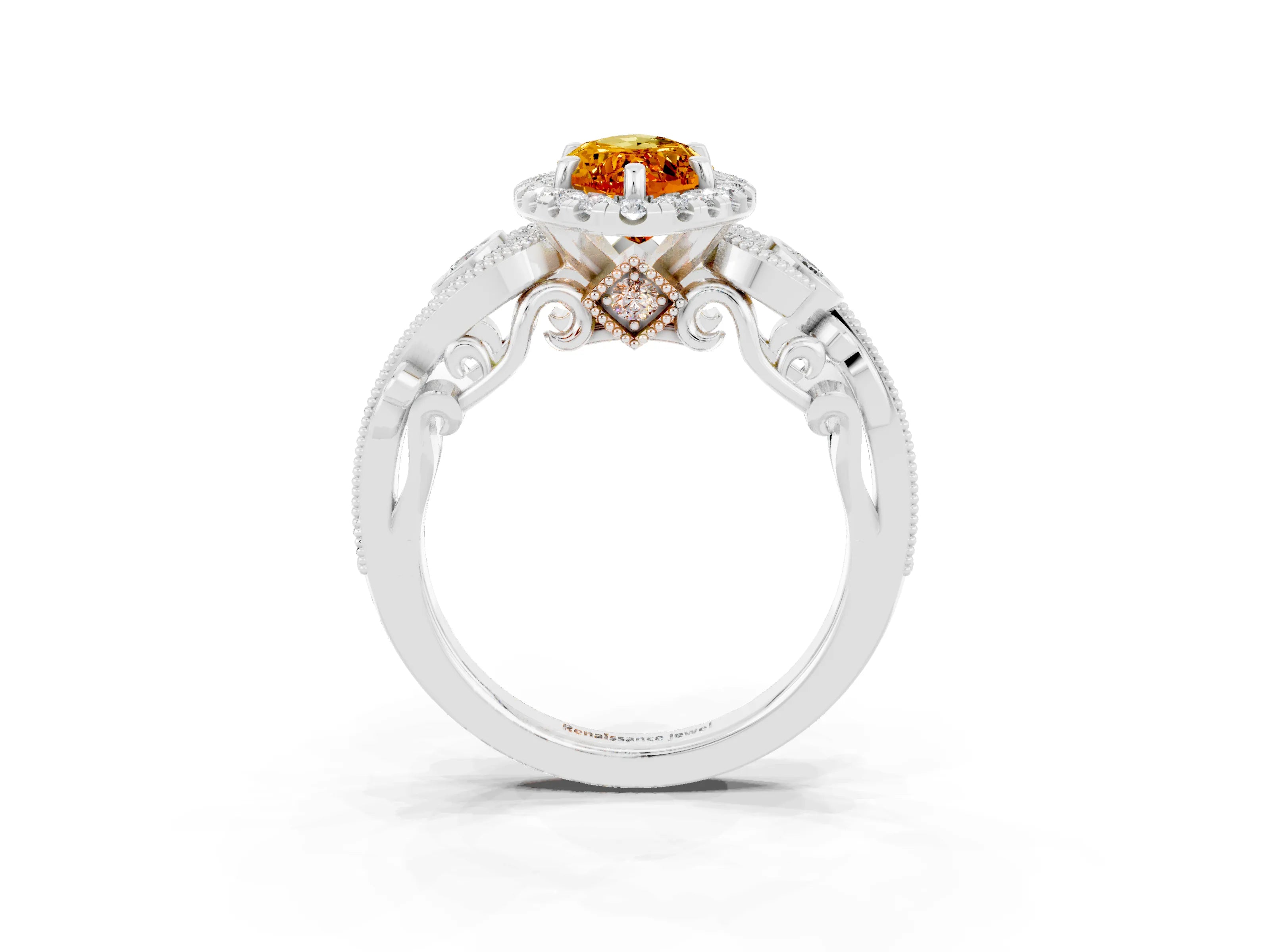 White gold Marquise Cut Citrine Halo Ring with Milgrain Pavé Band and Four-Prong Setting_15