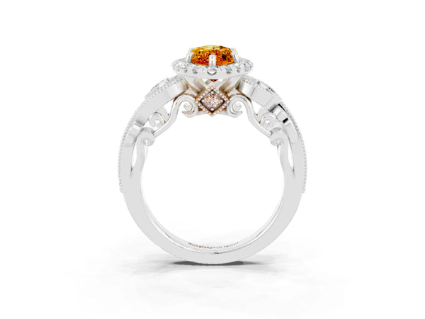White gold Marquise Cut Citrine Halo Ring with Milgrain Pavé Band and Four-Prong Setting