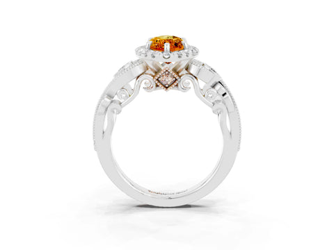 White gold Marquise Cut Citrine Halo Ring with Milgrain Pavé Band and Four-Prong Setting_15