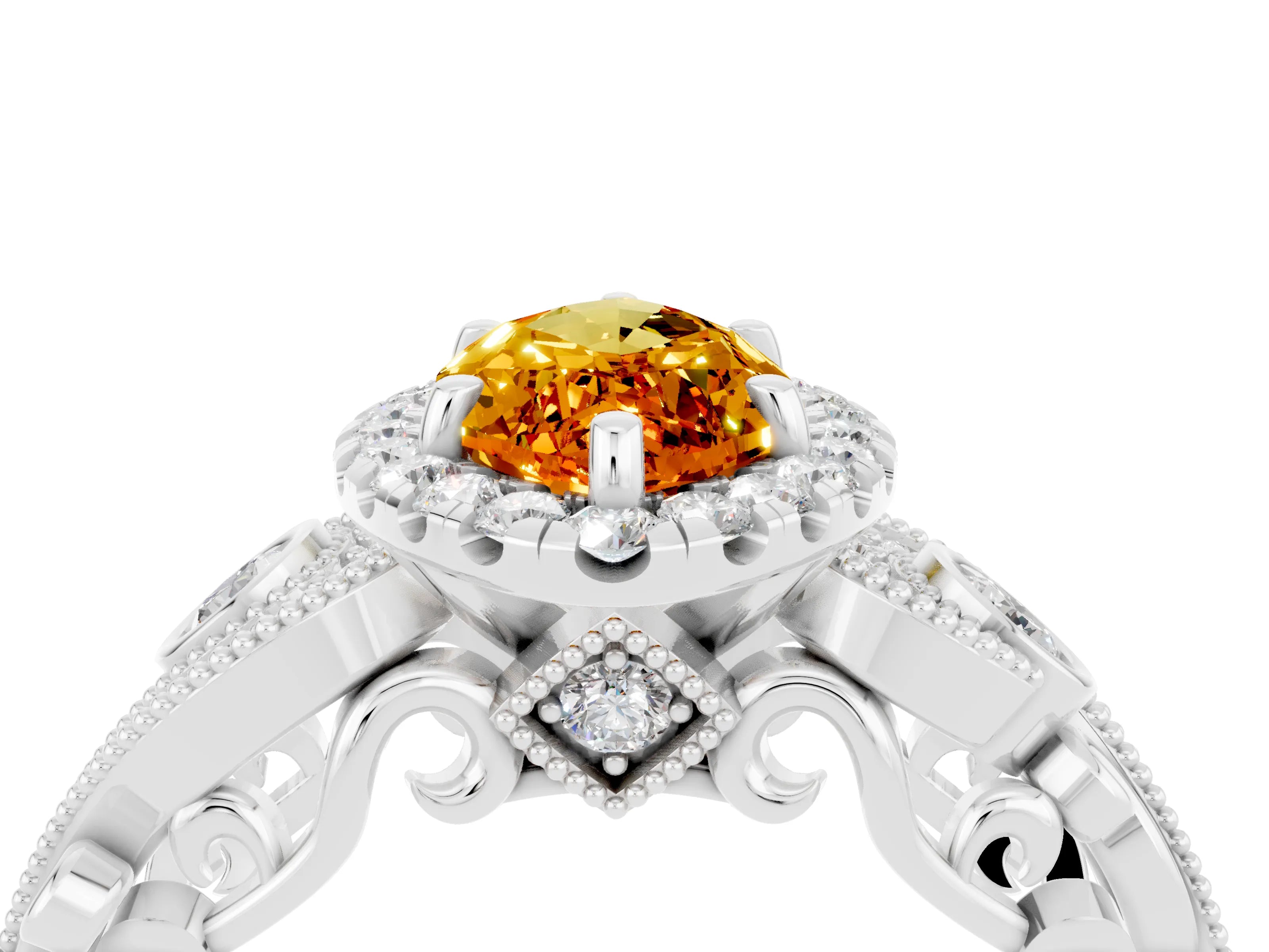 White gold Marquise Cut Citrine Halo Ring with Milgrain Pavé Band and Four-Prong Setting_16