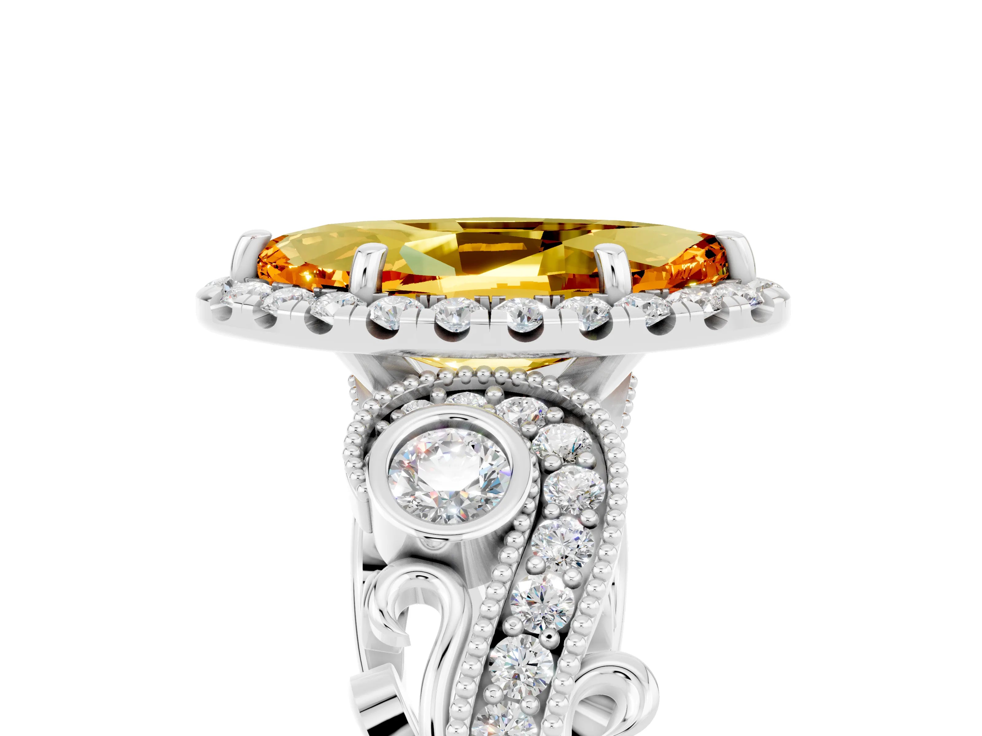 White gold Marquise Cut Citrine Halo Ring with Milgrain Pavé Band and Four-Prong Setting_17
