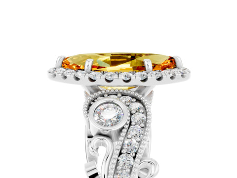 White gold Marquise Cut Citrine Halo Ring with Milgrain Pavé Band and Four-Prong Setting_17
