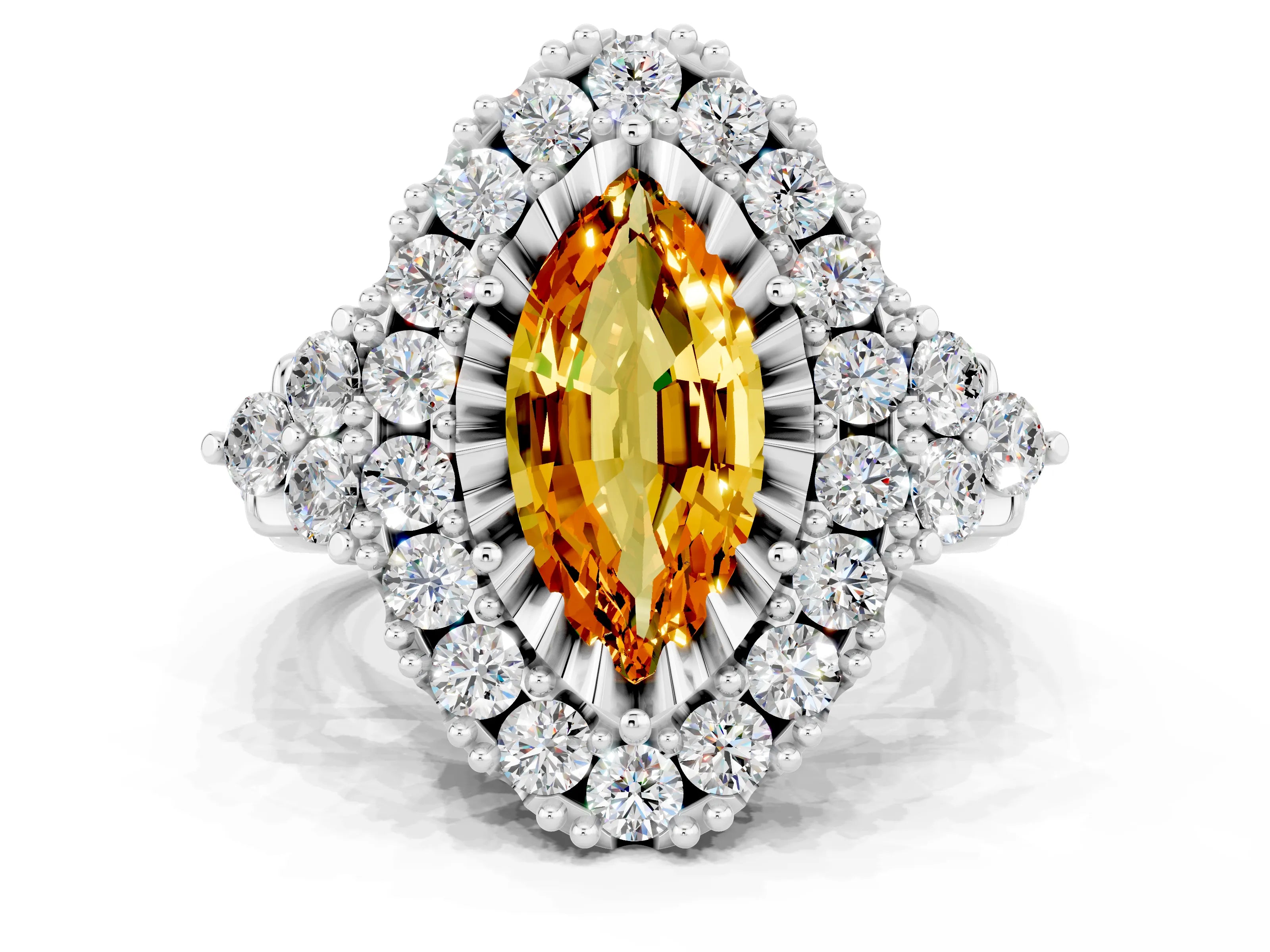 White gold Marquise Cut Citrine Halo Ring with Pavé Band and Four-Prong Setting_12